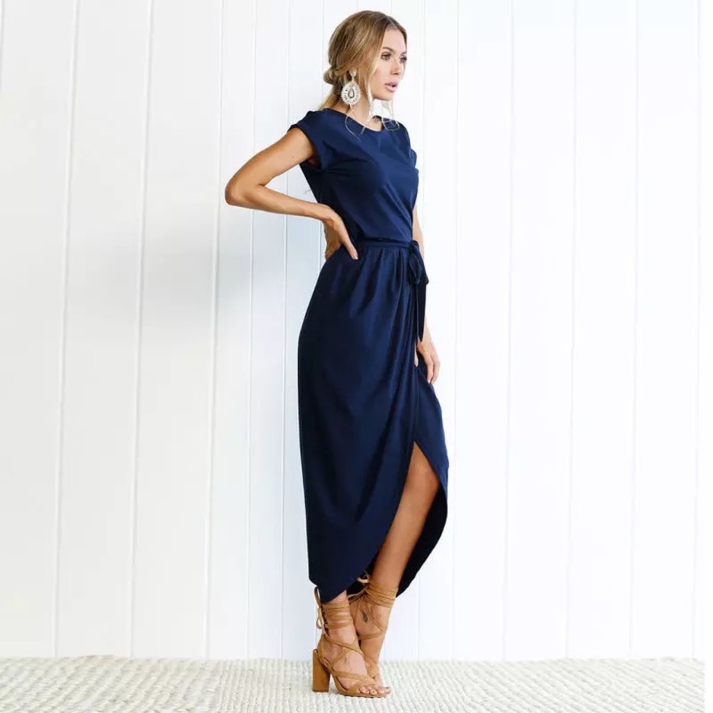 💥 CLEARANCE Tie Waist Rolled Short Sleeve Long Faux Wrap Front Slit Maxi Dress - Picture 2 of 8